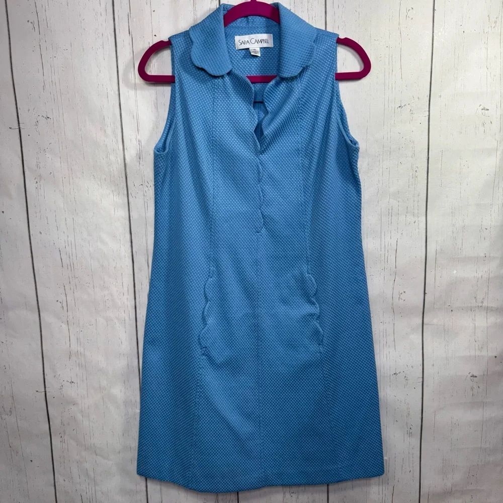 Sara Campbell Blue Textured Shift Dress Scalloped Collar Sleeveless 10 Preppy